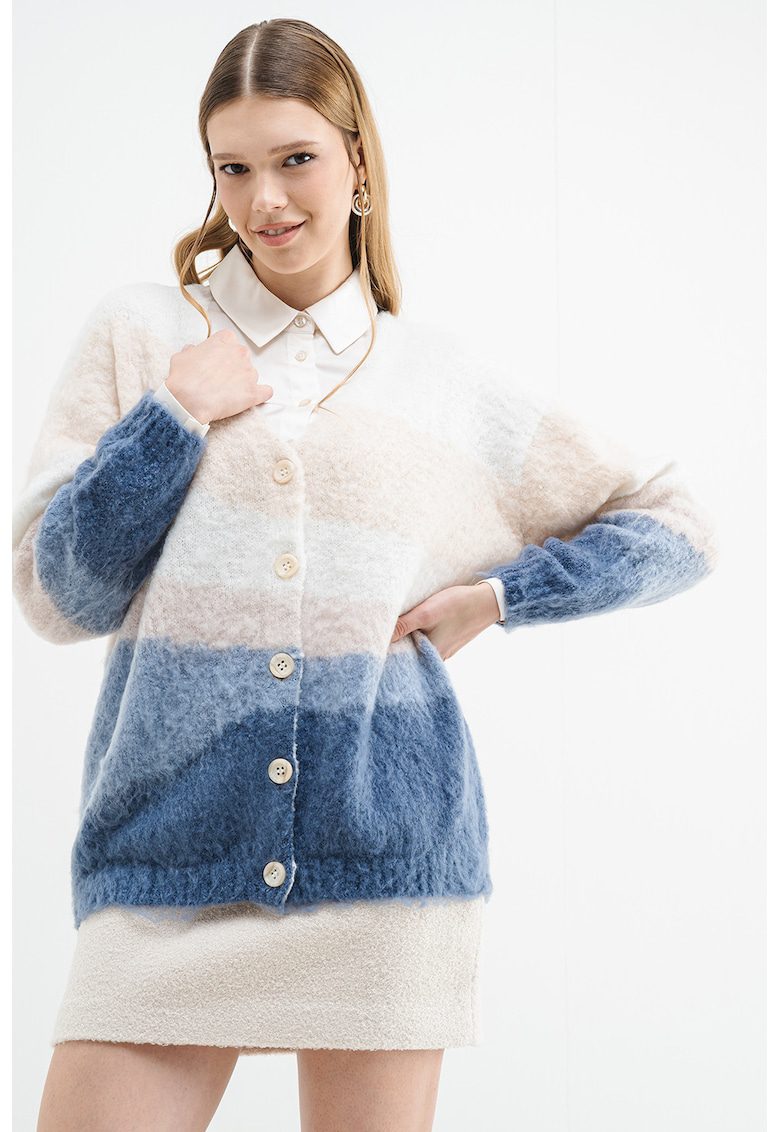 Cardigan supradimensionat cu model colorblock - Albastru/Crem