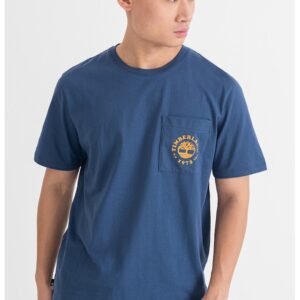 Tricou cu imprimeu si decolteu la baza gatului - Portocaliu/Albastru inchis