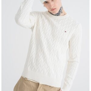 Pulover din bumbac organic cu model torsade - Alb