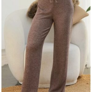 Pantaloni dama - tricotati - talie inalta - maro - poliester