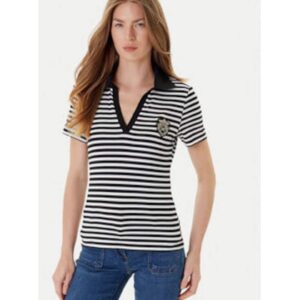 Tricou polo dama - Negru/Alb - Viscoza/Poliester -