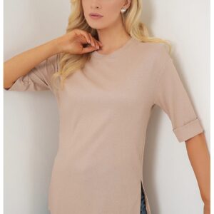 Tricou dama HiCCUP - texturat - maneca bej - Bej Natural