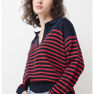 Pulover tricotat cu dungi - Rosu/Bleumarin