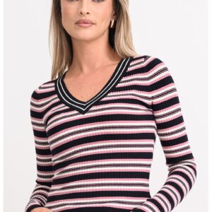 Pulover slim fit cu decolteu in V - Negru/Roz