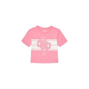 Tricou din amestec de bumbac organic cu logo din strasuri - Roz