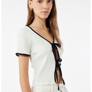Tricou striat cu decupaj si funde - Negru/Alb murdar