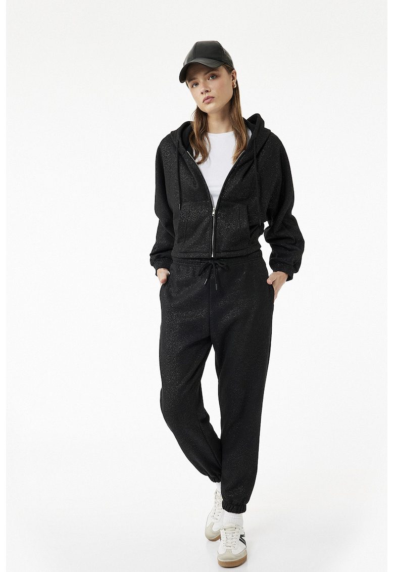 Pantaloni de trening relaxed-fit cu design cu aspect stralucitor - Negru