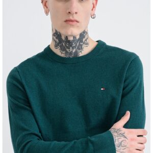 Pulover din amestec de casmir si bumbac organic cu decolteu la baza gatului - Verde englez