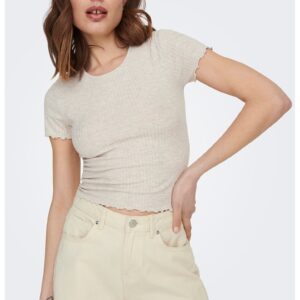Tricou crop cu croiala slim-fit si aspect striat - Bej deschis