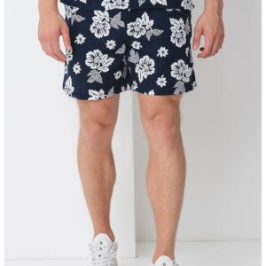Pantaloni scurti de bumbac cu model floral si snur - Alb murdar/Bleumarin