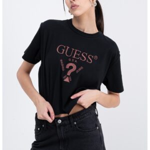 Tricou crop cu logo brodat - Maro inchis/Negru