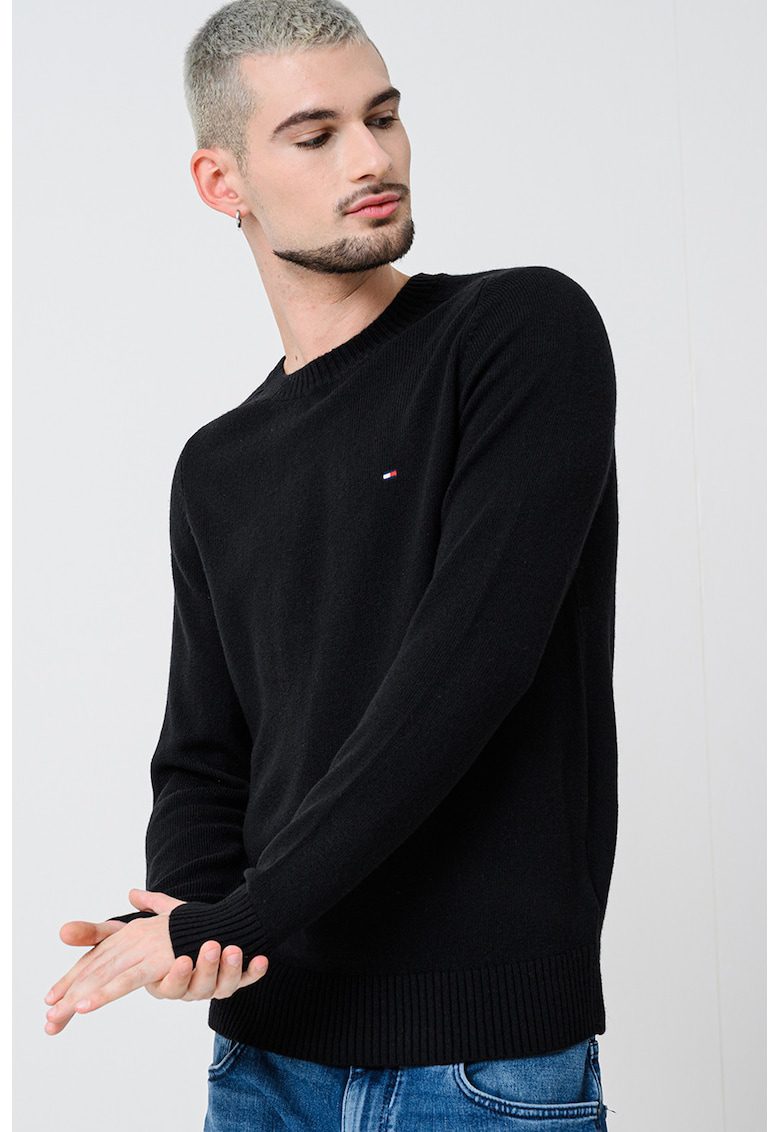 Pulover din lana cu logo discret - Negru