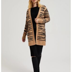 Cardigan bej cu maneci lungi si model animal print - Bej