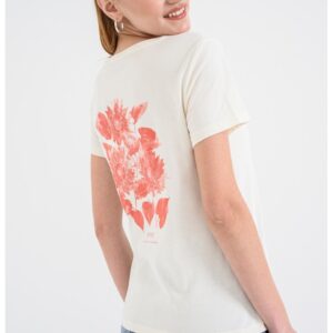 Tricou cu decolteu rotund si imprimeu pe partea din spate - Alb fildes/Coral