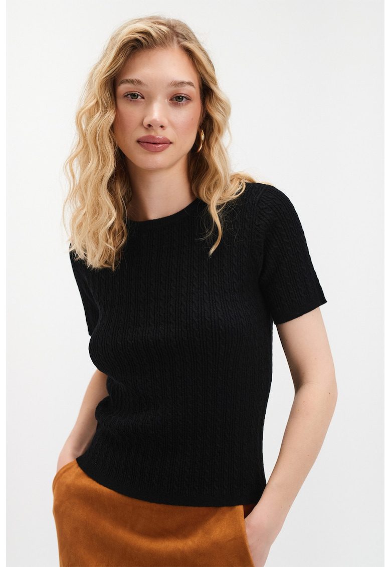 Pulover cu model torsade si maneci scurte - Negru