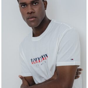 Tricou cu decolteu la baza gatului si imprimeu logo - Alb fildes