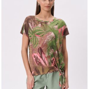 Tricou cu model si detaliu innodat - Verde/Roz