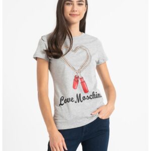 Tricou cu decolteu la baza gatului si imprimeu grafic - Gri melange