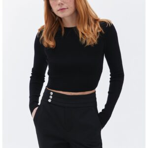 Pulover crop tricotat fin - Negru