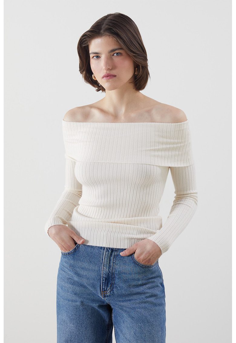Bluza striata cu decolteu pe umeri - Crem