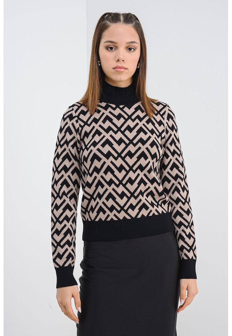 Pulover cu maneci lungi si model - Negru/Maro nisip
