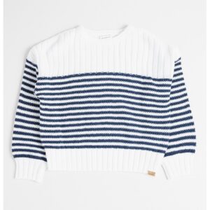 Pulover cu decolteu la baza gatului si model in dungi - Alb/Bleumarin