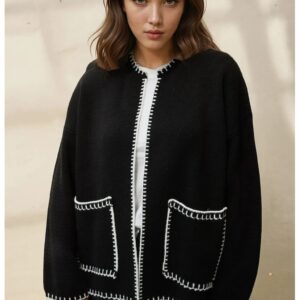 Cardigan lung tricotat detalii cusute - negru - tricot