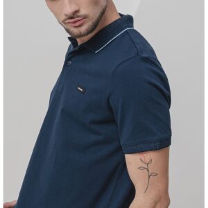 Tricou polo din amestec de bumbac organic cu logo discret - Bleumarin