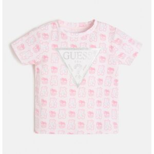 Tricou cu imprimeu si decolteu la baza gatului - Roz pastel/Alb optic