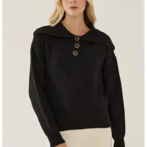 Pulover dama cu guler sal si nasturi - negru - acril