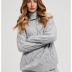Pulover gri cu guler inalt si tesatura decorativa - Gri