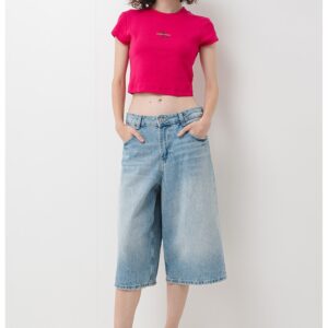 Tricou crop cu aspect striat - Fucsia