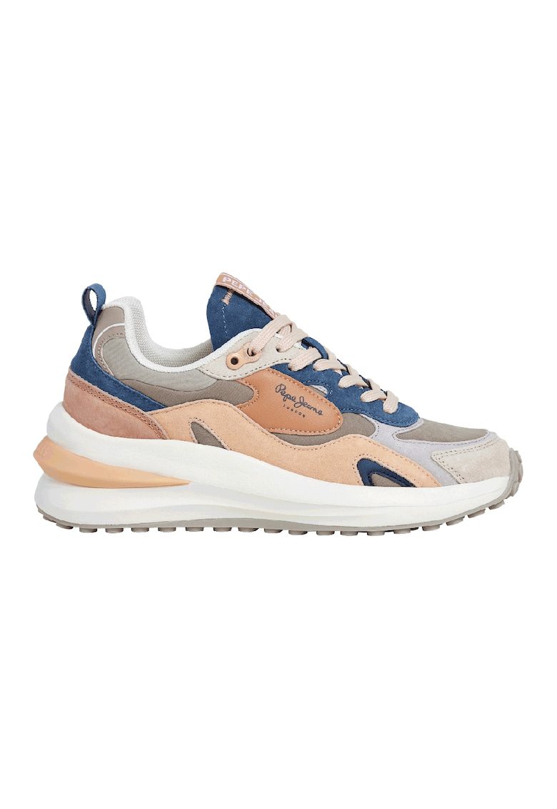 Pantofi sport din piele intoarsa cu model colorblock - Portocaliu pal/Maro deschis/Albastru