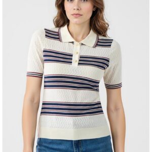 Tricou polo cu dungi - Alb murdar/Bleumarin
