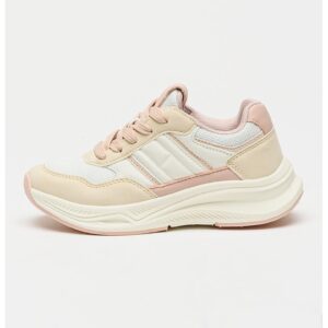 Pantofi sport de piele ecologica si material textil - Alb murdar/Nude