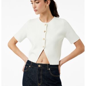 Pulover crop cu decolteu la baza gatului - Alb fildes