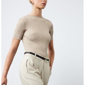 Pulover cambrat cu model texturat si maneci scurte - Maro taupe deschis