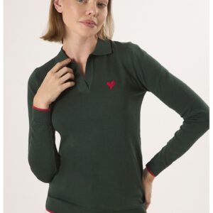 Pulover polo cu terminatie contrastante - Verde inchis