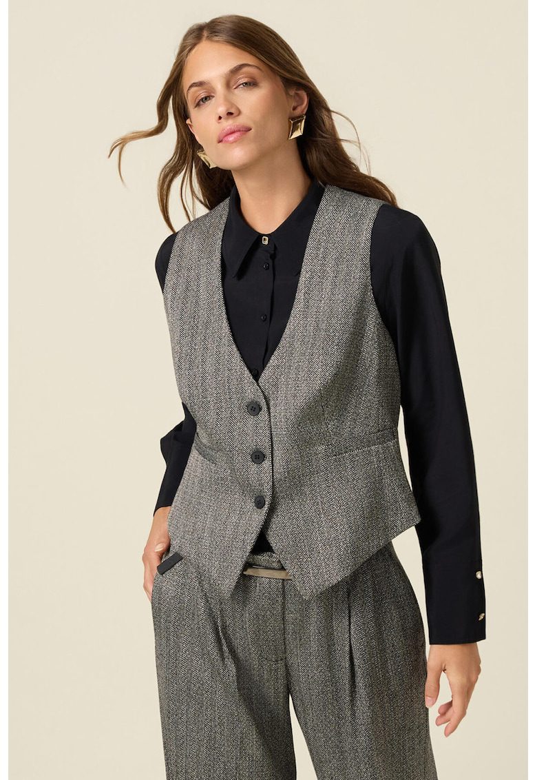 Vesta cu decolteu in V si model herringbone - Negru/Alb murdar