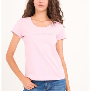Tricou cu logo decorat cu strasuri si decolteu rotund - Roz pastel