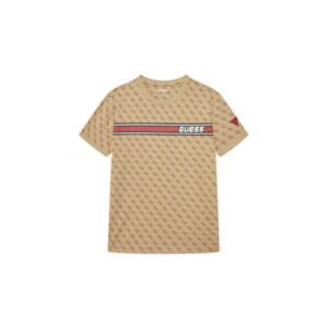 Tricou din amestec de bumbac cu banda cu logo pe piept si imprimeu-logo - Bej inchis