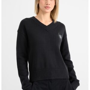 Pulover cu decolteu in V si maneci cazute - Negru