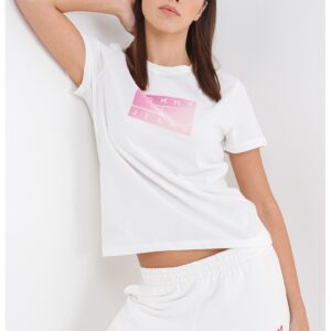 Tricou cu imprimeu si decolteu la baza gatului - Roz pastel/Alb murdar