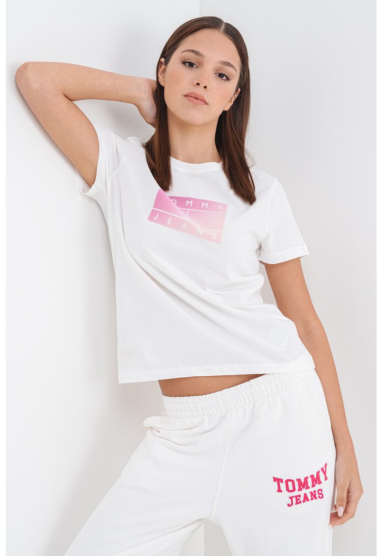 Tricou cu imprimeu si decolteu la baza gatului - Roz pastel/Alb murdar
