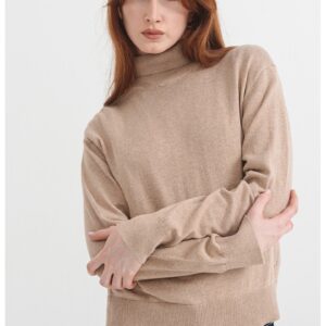 Pulover din amestec de lana si casmir - cu guler inalt - Bej