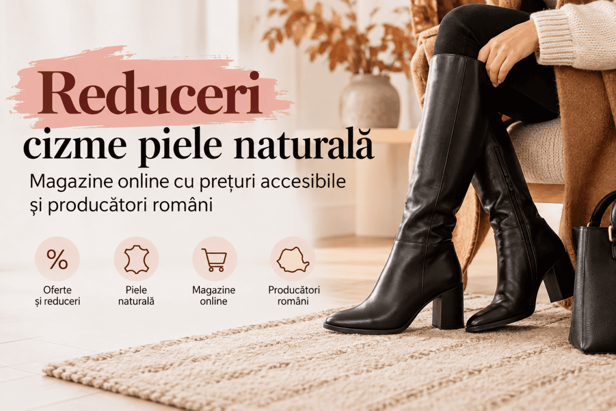 Cizme negre din piele naturală, prezentate într-un decor elegant, pentru un ghid cu magazine online și reduceri