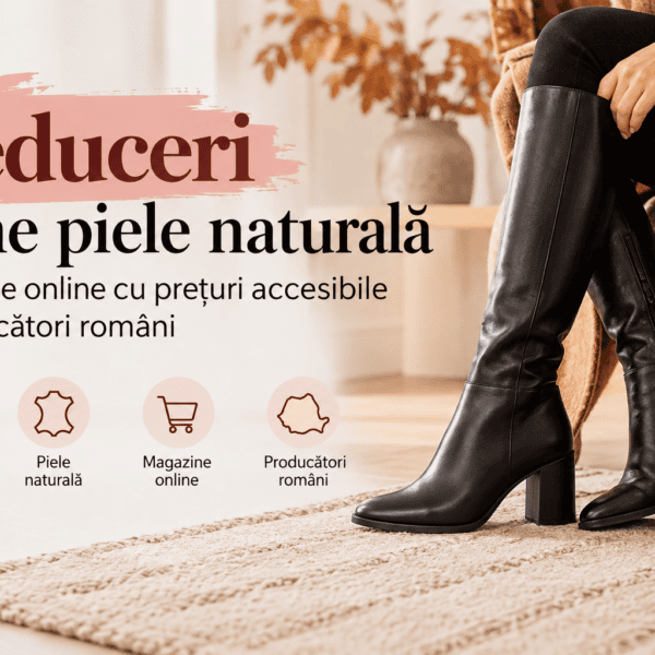 Cizme negre din piele naturală, prezentate într-un decor elegant, pentru un ghid cu magazine online și reduceri