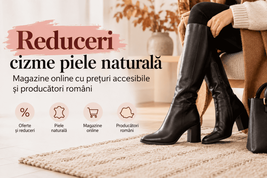 Cizme negre din piele naturală, prezentate într-un decor elegant, pentru un ghid cu magazine online și reduceri
