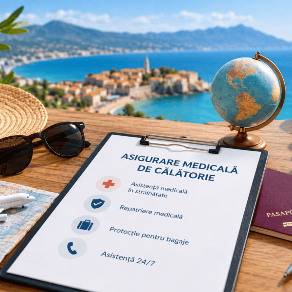 Asigurare medicală de călătorie pentru vacanțe în străinătate, alături de pașaport, hartă și accesorii de călătorie