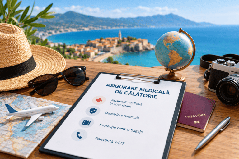 Asigurare medicală de călătorie pentru vacanțe în străinătate, alături de pașaport, hartă și accesorii de călătorie